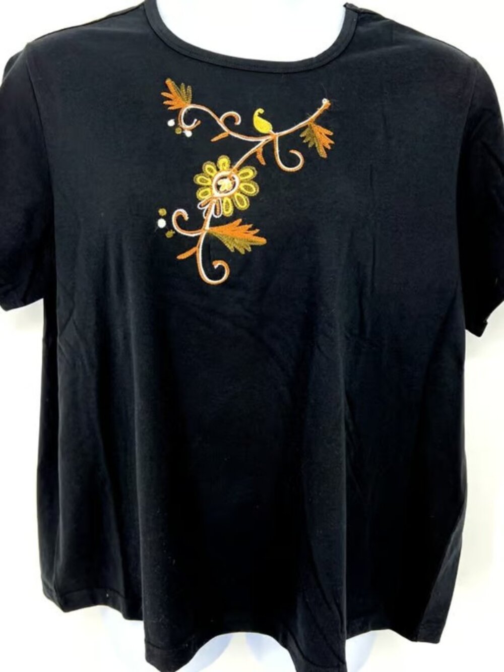 Indigo Moon Black 2X T Shirt Embroidered Flower Leaf Floral Design NEW
